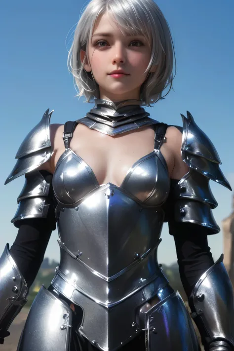 perfect anatomy　Highest quality,highest resolution,((( shiny armor　shiny silver hair　short hair　flat chest)))　knight　expressionless　woman　cool