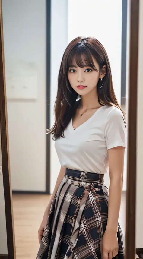 (Beautiful girl staring at viewers:1.3)、Top Quality,8K images、V-neck t-shirt with visible bangs over eyebrows 、(landmine fashion、plaid midi skirt、 high waist:1.2)、 in the mirror