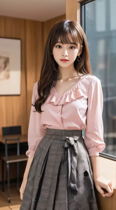 (Beautiful girl staring at viewers:1.3)、Top Quality,8K images、V-neck t-shirt with visible bangs over eyebrows 、( pink blouse、 ruffle blouse、plaid midi skirt、black midi skirt、 high waist:1.2)、 in the mirror、bedroom