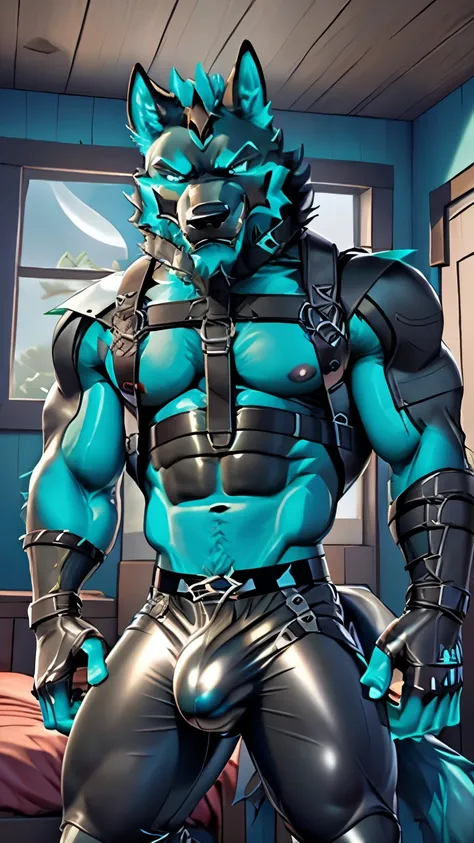 , cerberus-fortnite, anthro best quality,  Masterpiece , bright turquoise eyes inside, Bedroom, window,  moonlight, body hair , nipple, ((very big realistic bulge)), ((leather gloves)), ((harness)).  black body , glowing turquoise solo chest, focus on just...