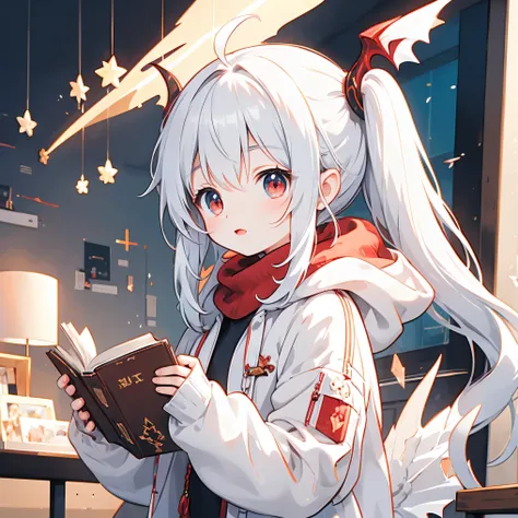 Red Dragon Girl, double ponytail,White Lightweight Jacket,Magnificent Giaki , Holding a book ,Dragon Horn,Dragon Wing,Dragon Girl with Dragon Characteristics