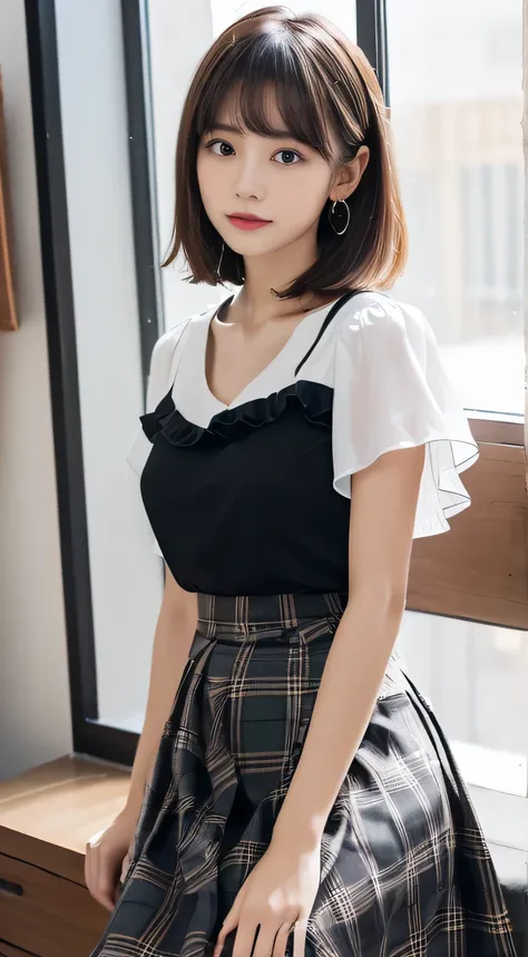 (Beautiful girl staring at viewers:1.3)、Top Quality,8K images、V-neck t-shirt with visible bangs over eyebrows 、(White blouse、 ruffle blouse、plaid midi skirt、black midi skirt、 high waist,ribbons:1.2)、bedroom、Drawing from below