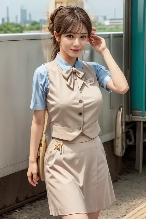 (masterpiece:1.2, Highest quality:1.2), 32kHDR, Hi-Res, (alone、1 girl)、（Rooftop of a building during the day、 professional lighting）、Building rooftop background、（JR WOMAN TRAIN CREW UNIFORM BEIGE REAL STYLE）、（（JR Woman Train Crew Uniform Beige Light Blue B...