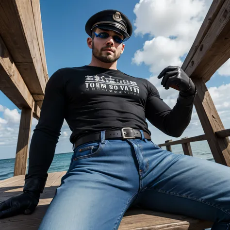 Age 35、 handsome man , 1 person,black long sleeve t-shirt。 short hair short hair 、sea　On the pier、seaを覗いている、Monitoring 　 Photographic Equipment 　looking at the camera　 Black Beret、Black eyepatch、 View from below 、 Black gloves、Combatant　 View from below図。s...