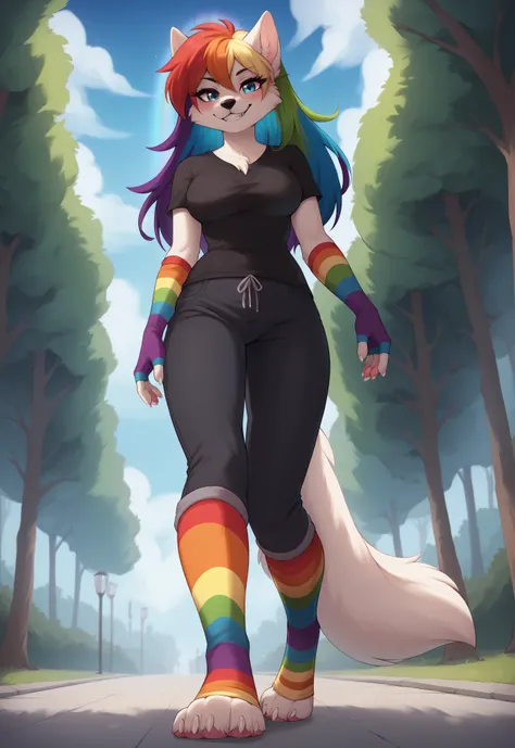 (4K HD Quality), score_9_up, score_8_up, score_6_up, anthro, solo, 1girl, furry, white fox, (white body), (white fur), (rainbow hair color), long thick hair, blue eyes, black nose, white fox tail, medium large breasts, white claw,
((glowing rainbow glove...