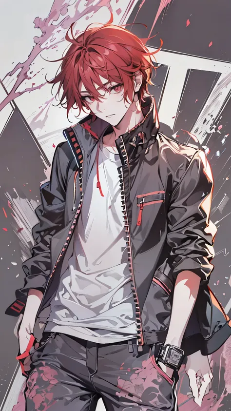 A red-haired boy with messy hair and intense red eyes, with a mysterious and self-confident air. He wears modern and stylish clothing, that combines a casual jacket with subtle details, a simple t-shirt and tight pants.  Her expression is serious but intri...