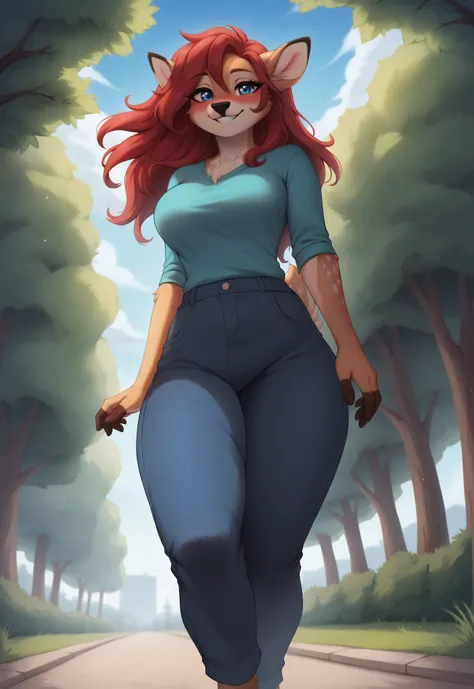 (4K HD Quality), score_9_up, score_8_up, score_6_up, anthro, solo, 1girl, female, furry, axis_deer, red hair, long thick hair, blue eyes, brown fingers, medium large breasts, 

blush, perfect teeth smile, looking at view, 

day, shirt, long pants, walking,...