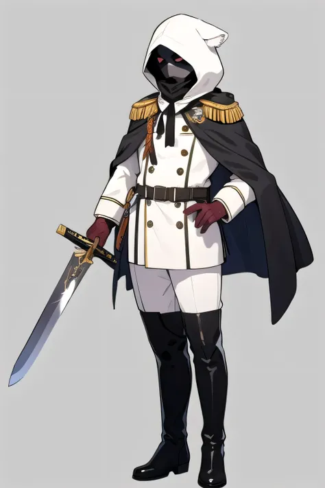 Unknown gender, white military uniform,white gloves,black mask, standing picture,full body,hooded,cloak,long boots,Mysterious,cool,Holding a Western sword, Samoyed