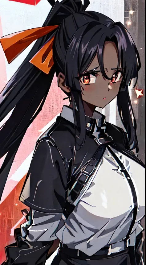 masterpiece, best quality, anime screeshot, a close photo, 1 girl, solo, standing, long hair, black hair, violet eyes,ponytail, Red hair ribbon, urban samurai, big breasts, huge breasts, looking_at_viewer, expressionless, upper_body, ((dark skin: 1.5)), , ...