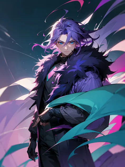 1male, Adult, Dark Purple Hair With Grey Colored Highlights, Two Toned Hair, Short Hair, Cyan Blue Eyes, Neon Purple Jacket, Night Time, Perfect Generation, Perfect Face, Standing On Path, Masculine, Fur Coat Collar, Flowing Hair