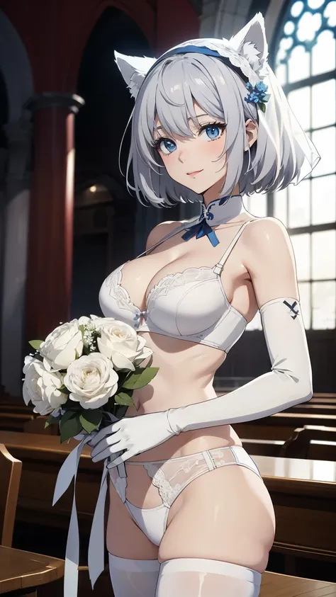 table top　 Hi-Res 　Highest quality　8k　    Adult Female 　    anime style　standing 　 white bra　white panties　 white long gloves （    elbow gloves   ）（bouquet）　 white pantyhose 　Veil　 beautiful feet　White wolf ears　    short hair（（ shortcut）（Gray Hair）（Perm）（...