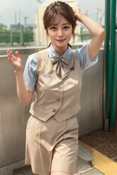 (masterpiece:1.2, Highest quality:1.2), 32kHDR, Hi-Res, (alone、1 girl)、(Rooftop of a building during the day、 professional lighting)、Building rooftop background、(JR WOMAN TRAIN CREW UNIFORM BEIGE REAL STYLE)、((JR Woman Train Crew Uniform Beige Light Blue B...