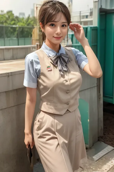 (masterpiece:1.2, Highest quality:1.2), 32kHDR, Hi-Res, (alone、1 girl)、(Rooftop of a building during the day、 professional lighting)、Building rooftop background、(JR WOMAN TRAIN CREW UNIFORM BEIGE REAL STYLE)、((JR Woman Train Crew Uniform Beige Light Blue B...