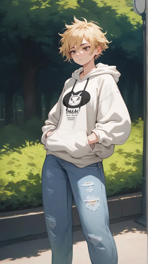 masterpiece, highest quality, ultra detailed, high detail anime, pretty young woman, tomboy, tired look, blonde hair, messy hair, short hair, petite body, baggy dark hoodie, graphic hoodie, hands in pockets, baggy jeans, standing in park