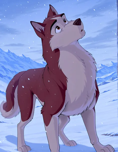score_9, score_8_up, score_7_up, source_furry, source_furry, Kodiak, husky, solo, feral, full body, looking up at the sky, curious, snowing, mountains, Alaska location, ice, masterpiece, best quality, amazing quality, absurdres, newest, high res, ultra det...