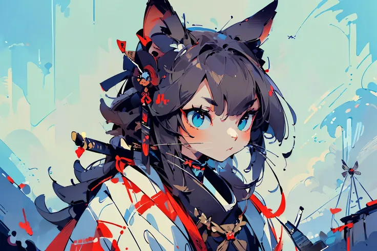 (((Best quality, 8k, Masterpiece: 1.3)), ((best quality)), ((masterpiece)), (detailed), perfect face, cat girl standing on two legs, anthropomorphic, samurai, two-sword style, cat ears