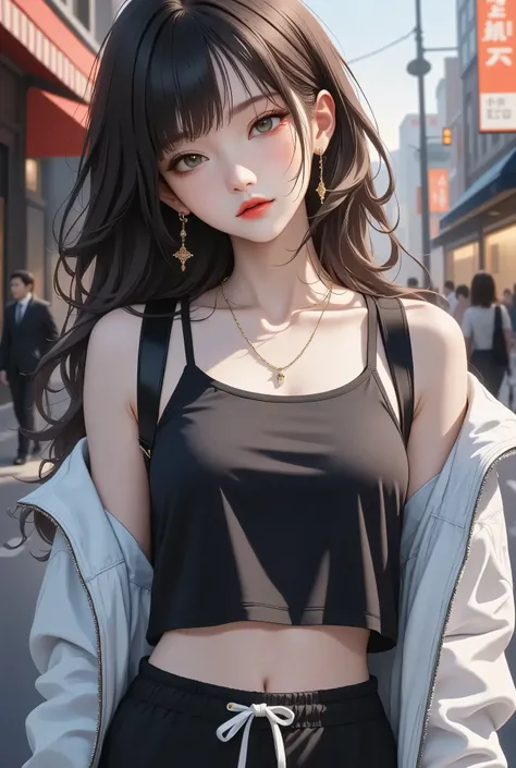 woman withblack and white streatwear, joggers bottoms, tanktop, very tall, with thick thighs, wide hips, long legs, and a slender waist. green eyes, Long flowing Black hair . sad expression on face, Clean face. Nothing in her hand. A melancholy expression,...