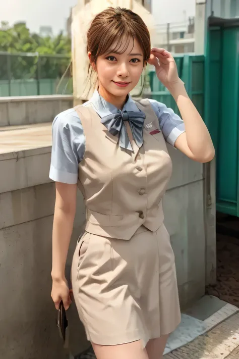 (masterpiece:1.2, Highest quality:1.2), 32kHDR, Hi-Res, (alone、1 girl)、（Rooftop of a building during the day、 professional lighting）、Building rooftop background、（JR WOMAN TRAIN CREW UNIFORM BEIGE REAL STYLE）、（（JR Woman Train Crew Uniform Beige Light Blue B...