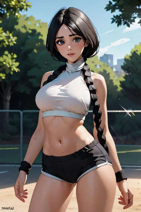 light effect, soft, super clear, high-definition picture, (front), masterpiece, cinematic lighting, Unohana Retsu, 1girl, solo, looking at viewer, big breast, wearing a black sport bra and skimpy sporty shorts, in a park, braided black hair, sporty looking...