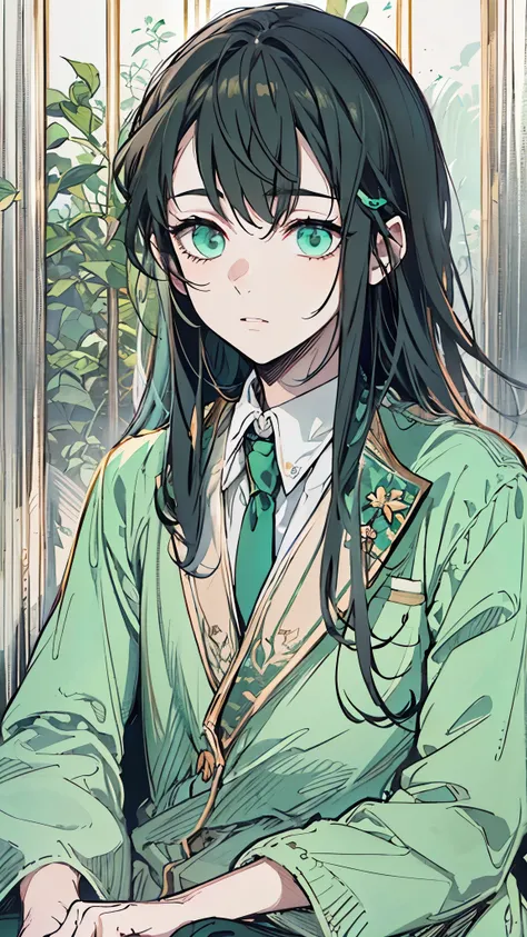 A boy with long, straight black hair, which degrades gracefully to a mint green shade at the ends. His mint green eyes sparkle with a serene and enigmatic air. He wears a traditional school uniform, consisting of a neatly pressed shirt, a dark-toned jacket...