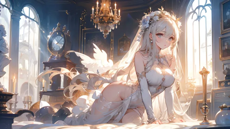  pure white background， beautiful goddess 、 realistic、Angels and Demons，Wedding Dress，grey，wreath，huge clock ，perfect figure，shiny eyes，Ultra high definition 8K，Best Quality，Smoky Eyes，sexy，transparent，Camel toe，nude