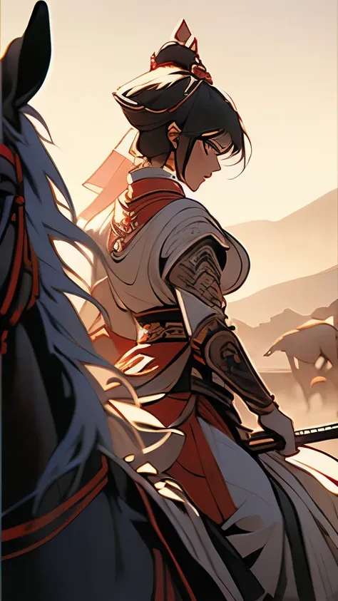 there are two men riding on horses with helmets on, kurdish samurai, female samurai, persian warrior, posuka demizu, inspired by Keisai Eisen, female warrior, medieval female warrior, feudal japan art, arabian samurai, highly detailed exquisite fanart, nor...