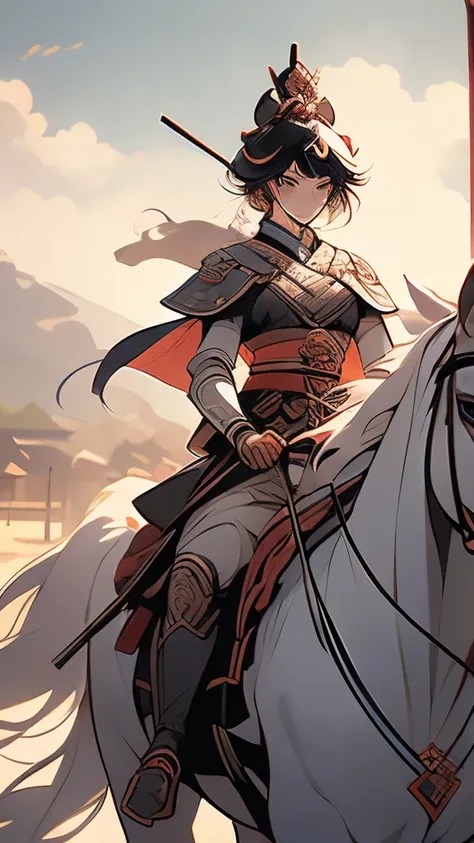 there are two men riding on horses with helmets on, kurdish samurai, female samurai, persian warrior, posuka demizu, inspired by Keisai Eisen, female warrior, medieval female warrior, feudal japan art, arabian samurai, highly detailed exquisite fanart, nor...