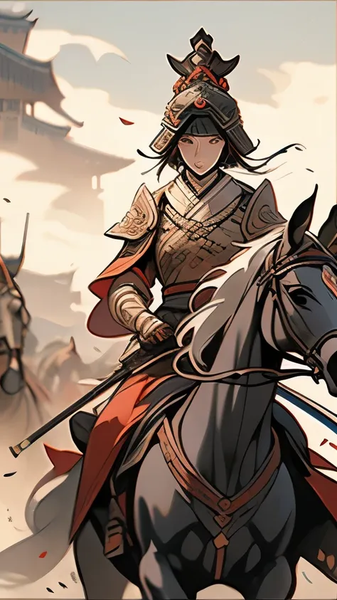 there are two men riding on horses with helmets on, a detailed painting inspired by Keisai Eisen, Artstation, ukiyo-e, kurdish samurai, female samurai, persian warrior, posuka demizu, female warrior, medieval female warrior, feudal japan art, arabian samur...