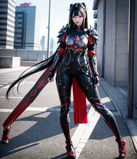 1 japanese girl ,full body,Battle Armor, intricate pattern, heavy metal, Energy Line, faceless, shining eyes, elegant,  intense, bloody red and black uniform, Alone, 【Contemporary, city, That&#39;s right.,  Dark Clouds , thunderstorm, Heavy Rain,, Dramatic...