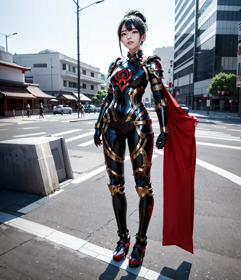 1 japanese girl ,full body,Battle Armor, intricate pattern, heavy metal, Energy Line, faceless, shining eyes, elegant,  intense, bloody red and black uniform, Alone, 【Contemporary, city, That&#39;s right.,  Dark Clouds , thunderstorm, Heavy Rain,, Dramatic...