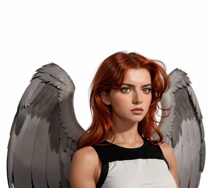 (masterpiece, best quality:1.2), 1girl woman in her 30 years, (realistic:1.5), hawkgirl as Isabela Merced shayera hol, Isabela Merced, red orange long hair, green eyes, standing, makeup, white background, wearing black and white sleeveless crop top, confid...