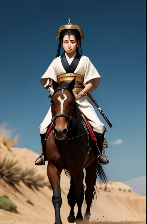 there are two men riding on horses with helmets on, a detailed painting inspired by Keisai Eisen, Artstation, ukiyo-e, kurdish samurai, female samurai, persian warrior, posuka demizu, female warrior, medieval female warrior, feudal japan art, arabian samur...