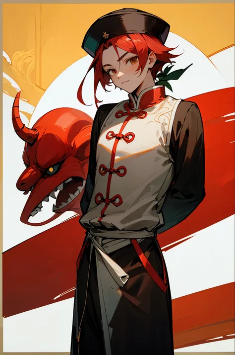 best quality, masterpiece,good quality , Demon Slayer art,  Wear a white Haori shirt along with a demon slayer uniform,brown eyes,red hair , red clown hat hat1, 1young  male, Chinese clothing,arms behind back, military background.