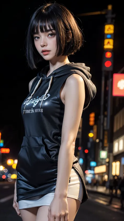 Cute 26 year old ,1 girl,slim face, slender body,8k,Super realistic image quality, dynamic shadows,Sparkling Eyes,Clear black eyes, movie theater lighting,Neon Dim Backstreets, night ,The Darkness of New York City, ((face close up:1.2)),((chuckle:1.4)),((V...