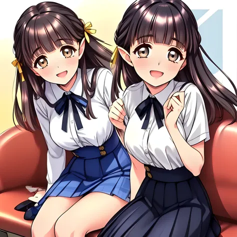 (highest quality, masterpiece:1.2), highest quality, High resolution, 1080p, 8K, (Two 16yo beautiful pretty succubi friends are seated in a train cabin, hypnotizing me by their neat beauty, ((laughing at me)), (looking me down), most beloved girl in Japan,...