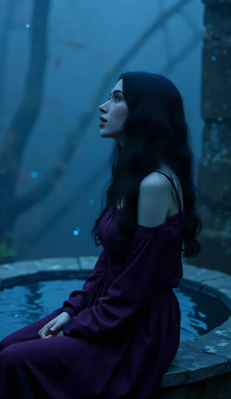 A full body side shot of a beautiful woman with dark wavy hairstyle, ((very pale skin)), looking up, sitting by a stone water well, dressed in deep imperial crimson purple, cinematic shot, cinematic composition, portrait, close up, thick mist, ((((deep dar...