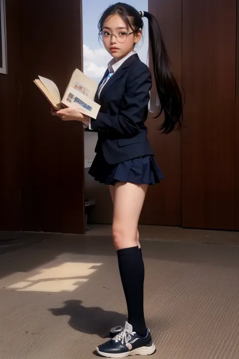 8K ultra-high image quality,side view of a female middle school student standing and picking a book,library shelf,(navy blue pleated micro mini skirt),long navy blue high socks,navy blue blazer,blue student tie,Long thighs,black hair ponytail,glasses,low a...