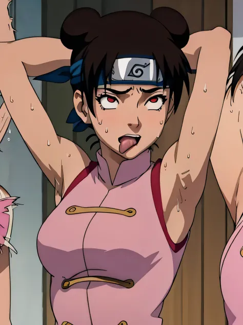 Tenten,human woman.with brown eyes and pink clothing. Her hair is long and brown in color; She is beautiful. Fair skin.Tsundere face. Pink eye shading,mature appearance,armpits,sweat,sweaty,sweaty armpits,arms up,showing armpits,awesome armpits,tongue