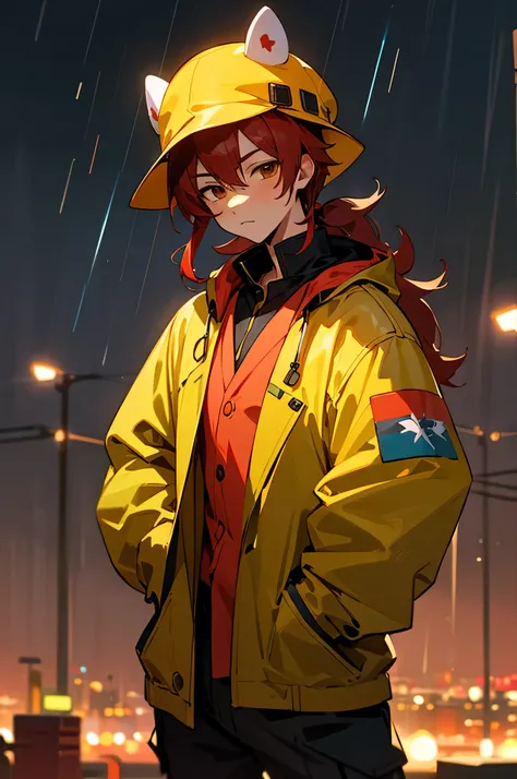 1boy,night city,rain,military suit,hands in pockets,wearing a yellow and red clown hat hat,8K,2d,anime,****ager,brown eyes,red hair