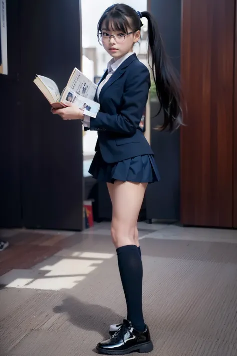 8K ultra-high image quality,side view of a female middle school student standing and picking a book,下からのlow angle,library shelf background,(navy blue pleated micro mini skirt),(long navy blue high socks),navy blue blazer,blue student tie,Long thighs,black ...