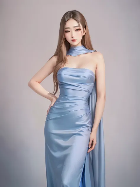 a close up of a woman in a blue dress posing for a picture, blue silk dress, wearing an elegant dress, taejune kim, wearing an evening gown, soft silk dress, heonhwa choe, flowing gown, wearing long gown, jaeyeon nam, long dress, dilraba dilmurat, jia, in ...