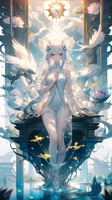  pure white background， beautiful goddess 、Angels and Demons，yarn，grey， petals falling，Water Ripples，There are fish and lotus flowers in the water，Lipstick，huge clock ，Ginkgo Tree，perfect figure，shiny eyes，Ultra high definition 8K，Best Quality，Smoky Eyes，s...