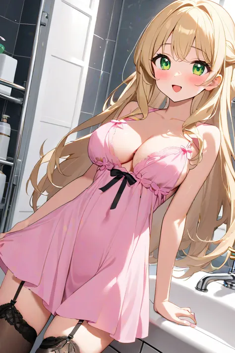 28 year old beautiful girl、long hair。
 characters are anime designs 。
Her hair is blonde.。
 eye color is green。
The figure is glamorous 。Big bust 。
has an ecstatic expression with estrus。
Wear a pink nightdress and garter belt and stockings。
in the large b...