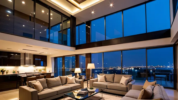 masterpiece, best quality,(Photo-realistic:1.3), living room, ((Stylish)), ((modern)), (wide), (High ceilings:1.3), night, ((nice view))