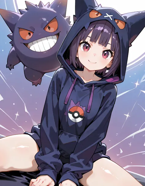 (dynamic angle,dynamic pose:1.3),sitting,(looking at viewer),Alone,14years old,natural cosmetic,purple short hair,blunt bangs,smile,Russian,(purple color gengar ear(Pokemon)+  hoodie),hood up,shiny skin,Enchanting chest:1.3,I am the star:1.3,(flat color be...