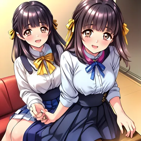 (highest quality, masterpiece:1.2), highest quality, High resolution, 1080p, 8K, (Two beautiful pretty succubi friends are seated in a train cabin, hypnotizing me by their neat beauty, ((laughing at me)), (looking me down), most beloved girl in Japan, (int...