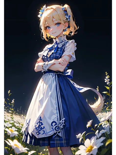 (masterpiece),(Highest quality:1.2),((perfect anatomy)),((cross your arms around your back)),(1 girl),(flat chest),Highest quality,( Royal Blue White Plaid Long Skirt:1.3),( Sheer White Knit Clothes ),(Blonde with Side Tail ),beautiful smile, The Walking P...