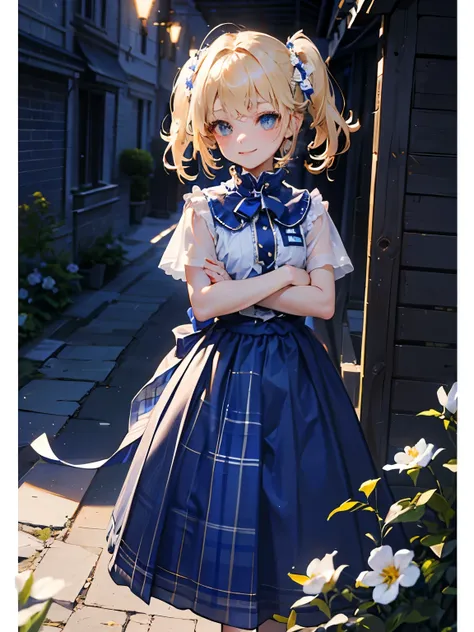 (masterpiece),(Highest quality:1.2),((perfect anatomy)),((cross your arms around your back)),(1 girl),(flat chest),Highest quality,( Royal Blue White Plaid Long Skirt:1.3),( Sheer White Knit Clothes ),(Blonde with Side Tail ),beautiful smile, The Walking P...