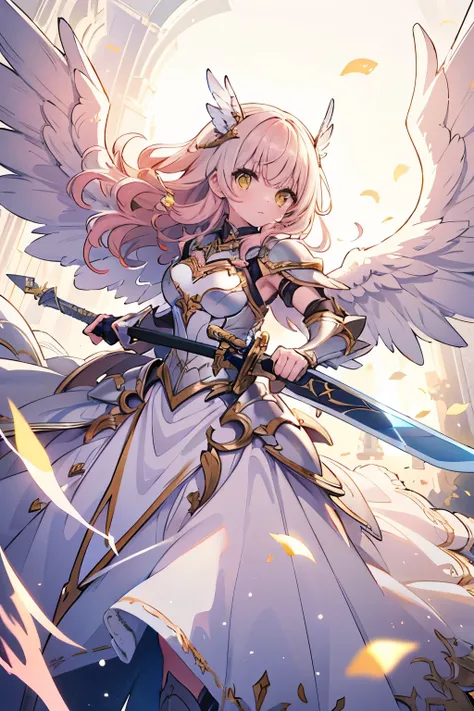 (masterpiece), best quality, 1 girl, Valkyrie,  angel knight in a white dress and silver armor,  shiny armor, High Gloss Armor, Reflective Metal Armor, holding sword, (length_sword), pink length curly hair, yellow eyes, Wings, white outfits you take, perfe...