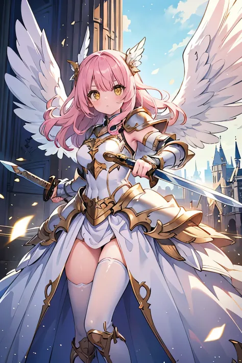 (masterpiece), best quality, 1 girl, Valkyrie,  angel knight in a white dress and silver armor,  shiny armor, High Gloss Armor, Reflective Metal Armor, holding sword, (length_sword), pink length curly hair, yellow eyes, Wings, white outfits you take, perfe...